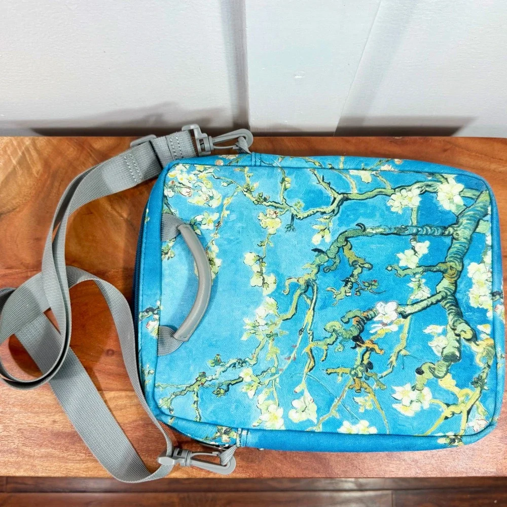 Moko Almond Tree Blossoms Blue Tablet Bag Crossbody Padded Case Sleeve w Strap